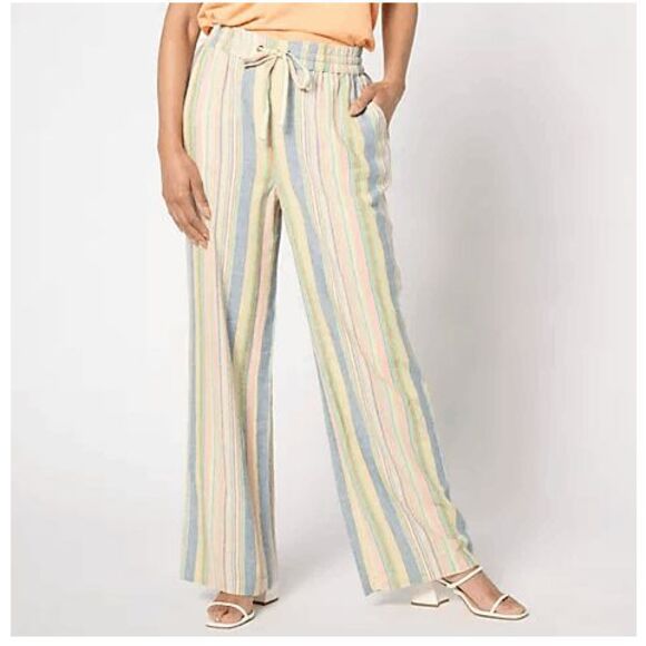 Denim & Co Womens MP Natural Striped Linen Blend Wide Leg Pants Denim Blue NWT - Picture 1 of 4
